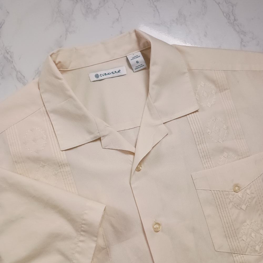 Cubavera Beige Embroidered Polyester Cotton Men's L Short Sleeve Button-Up Shirt